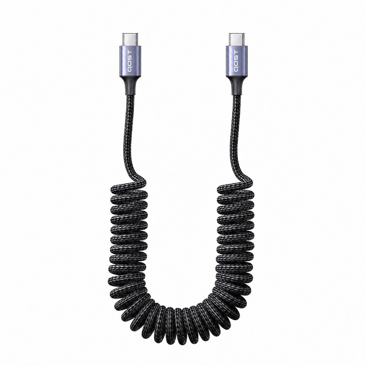 Qost - Uitrekbare USB-C naar USB-C Krul Kabel - 1 Meter - Spacegrey - Spiraalkabel - 12W Fast Charge 5V/2.4A - 480Mbps Dataoverdracht