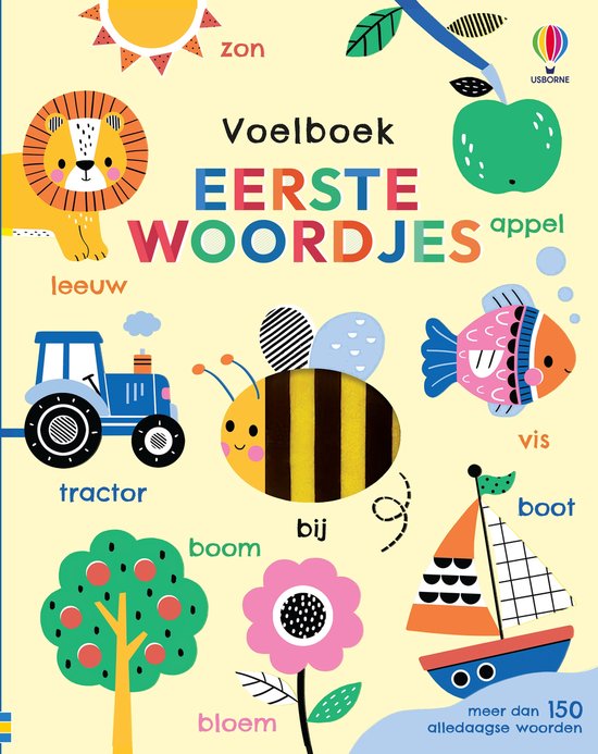 Voelboek Eerste Woordjes met illustraties van een leeuw, zon, tractor, bij, vis, boot, boom, bloem en appel.