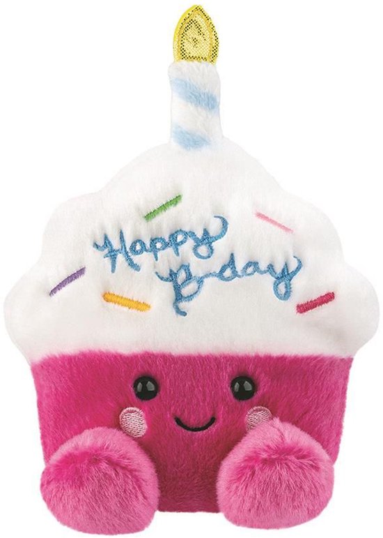 Peluche cupcake rose et blanc avec inscription "Happy B-day", visage et bougie