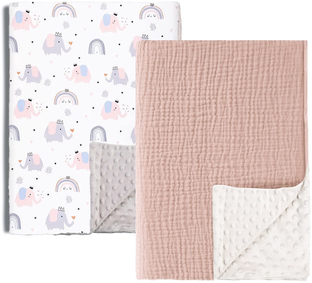 2-delige babydekenset van katoen, 75*100 cm, pasgeboren deken, 100% puur katoen en fleece, multifunctioneel dubbelzijdig babydoopcadeau, geschikt voor kinderwagens, als troostdeken of als inbakerdeken,Set 10