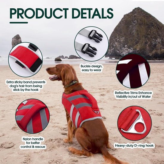 Rode honden zwemvest met reflecterende strips, nylon handvat, D-ring, en gespen.