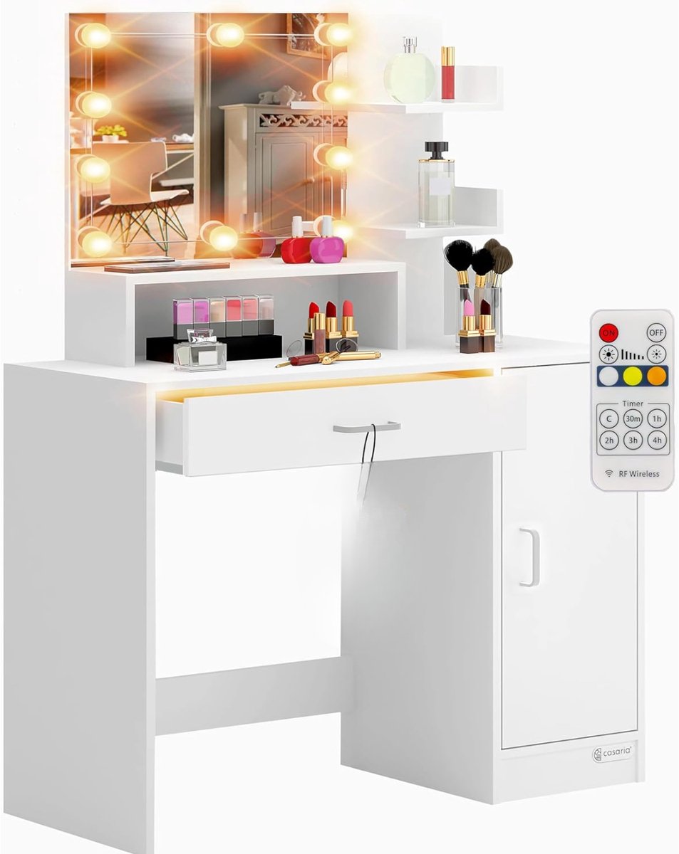 VALI® Kaptafel - 3 Planken - Kaptafel met Spiegel - Kaptafel met Spiegel en Verlichting - Wit - 40cm x 90cm x 140cm