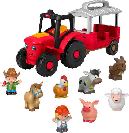Een rode Fisher-Price tractor met aanhanger en boerderijdieren. De tractor heeft een gezicht. Inclusief boer, paard, kip, koe, geit, varken, schaap.