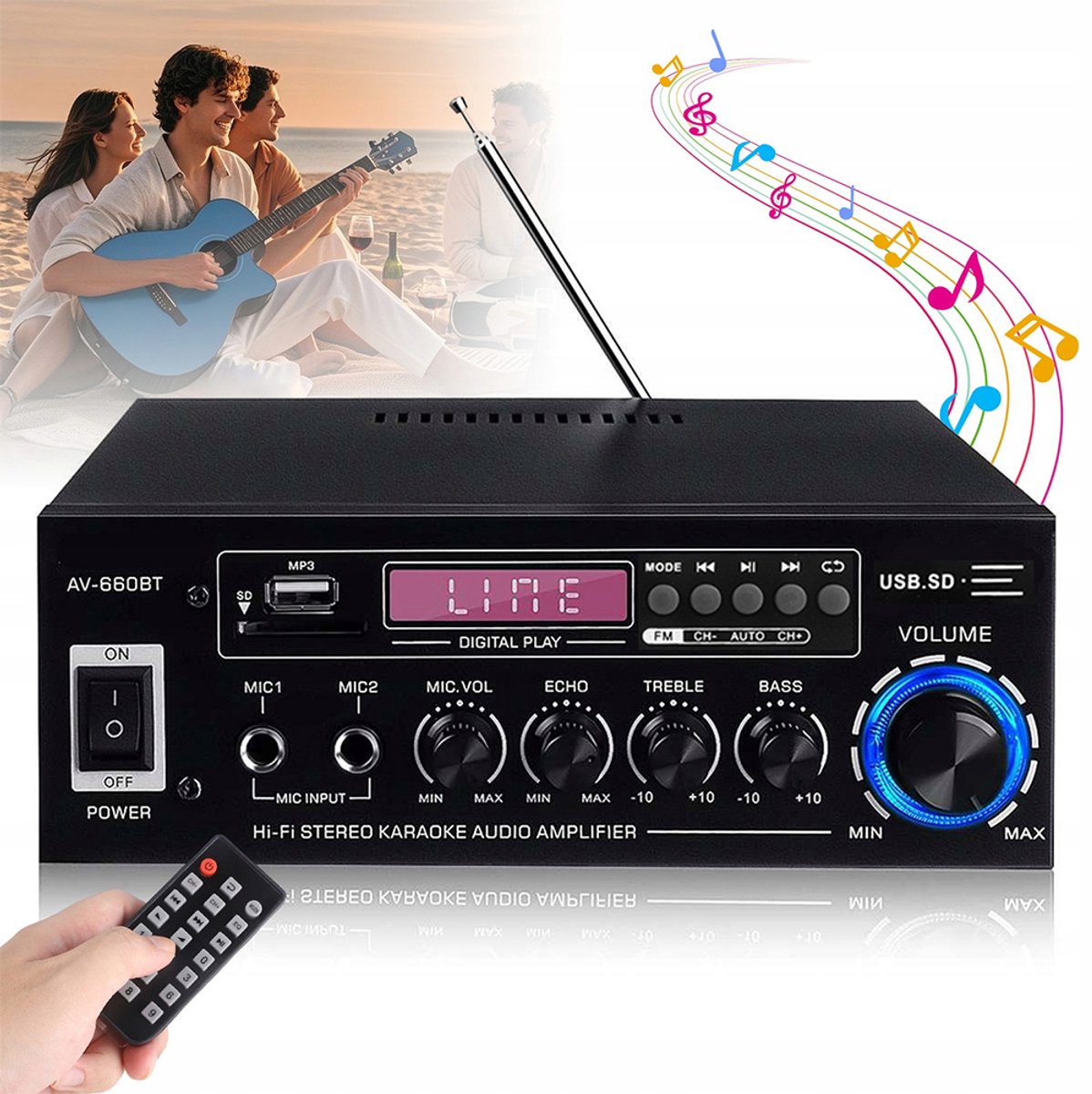 Hi-Fi-versterker - Met Bluetooth 5.0 en afstandsbediening - 12V - Auto- en thuisversterker - Hi-Fi Bluetooth-versterker - Dubbele microfooningangen - Zwart