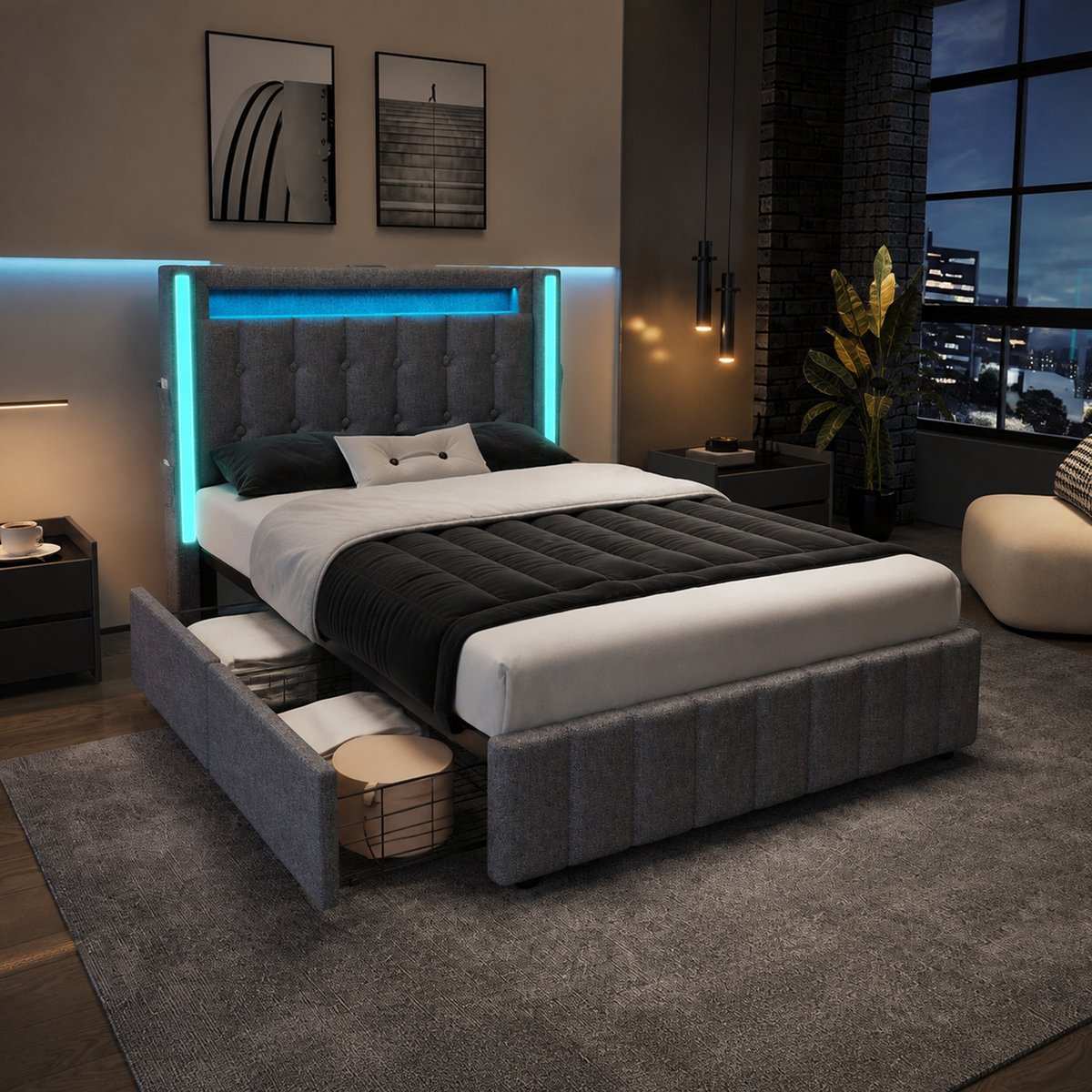 MEUNIQ Luxe Gaming Bed 90x200 cm - Gestoffeerd Eenpersoonsbed met App-Gestuurde RGB LED, USB & Type-C Laadstation & 2 Opberglades - Grijs