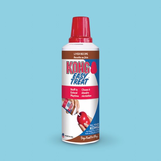 KONG Easy Treat Leverrecept in een spuitbus met rode dop. Tekst: KONG EASY TREAT.