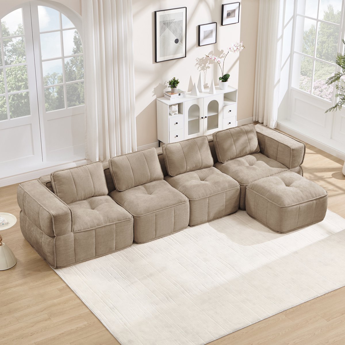 Moderne Hoekbank, L-Bank, 4-Zits bank, 4-Zits L-Vormige, Frameloze Modulaire Bank Met Voetenbank, Gevuld Met 32D Schuim Met Hoge Dichtheid, Diepe Zitkussens, Zachte En Comfortabele Stof, Ideaal Voor De Woonkamer-Sand