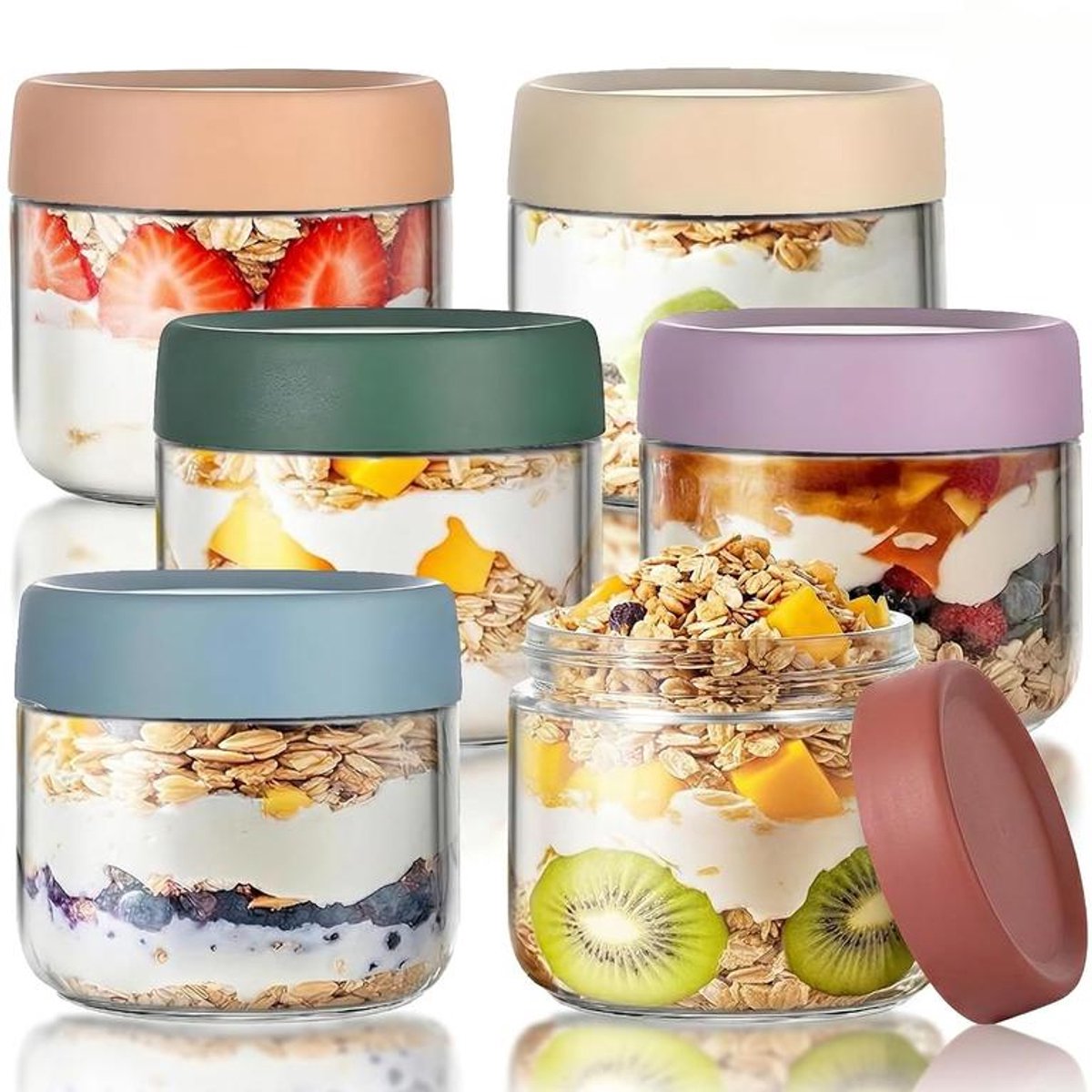 KZQ Glazen pot - Voorraadpotten - Pot voor overnight oats - Set van 6 - Met deksel - Glazen voedselcontainer van 480 ml - Materiaal van voedselkwaliteit - Geschikt voor het maken van overnight oats en yoghurt.