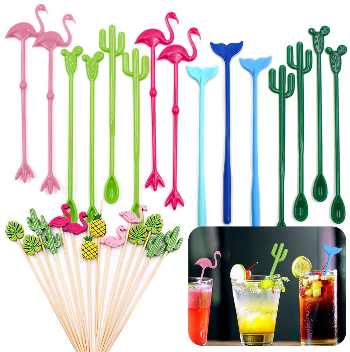 Treasures Cocktail-ijsdrank mengstokset, 15 stuks flamingo-cactus herbruikbare nieuwigheid swizzle sticks met 14 stuks bamboe decoratieve cocktail-voorgerechtplectrums voor tropisch strand