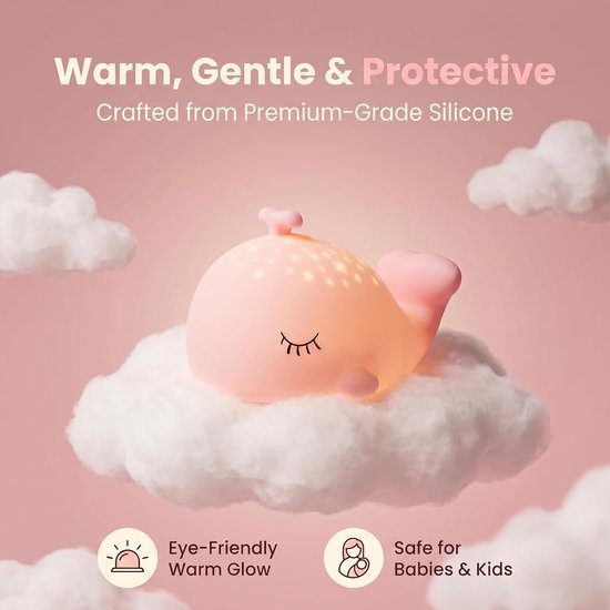 Nachtlampje in de vorm van een walvis voor kinderen – schattige siliconen lamp voor de babykamer met oceaan-thema, 7 kleuren (RGB) & timer, dimbaar, oplaadbaar via USB-C, ideaal als cadeau voor verjaardag of Kerstmis - roze — afbeelding 3