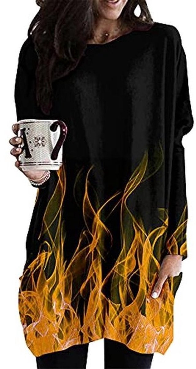 Dames T-shirt met Lange Mouwen, 3D Vlam Print - Casual Oversize Ronde Hals Top voor Herfst en Winter