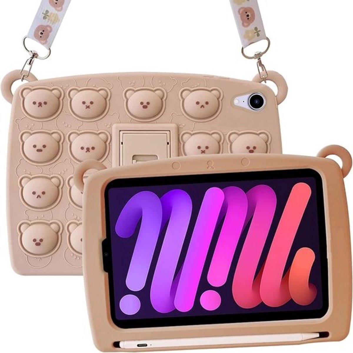 Kindercase Geschikt voor iPad Mini 7 en 6 - Schattige Bruine Beer Coole Bescherming met Penhouder en Schouderband