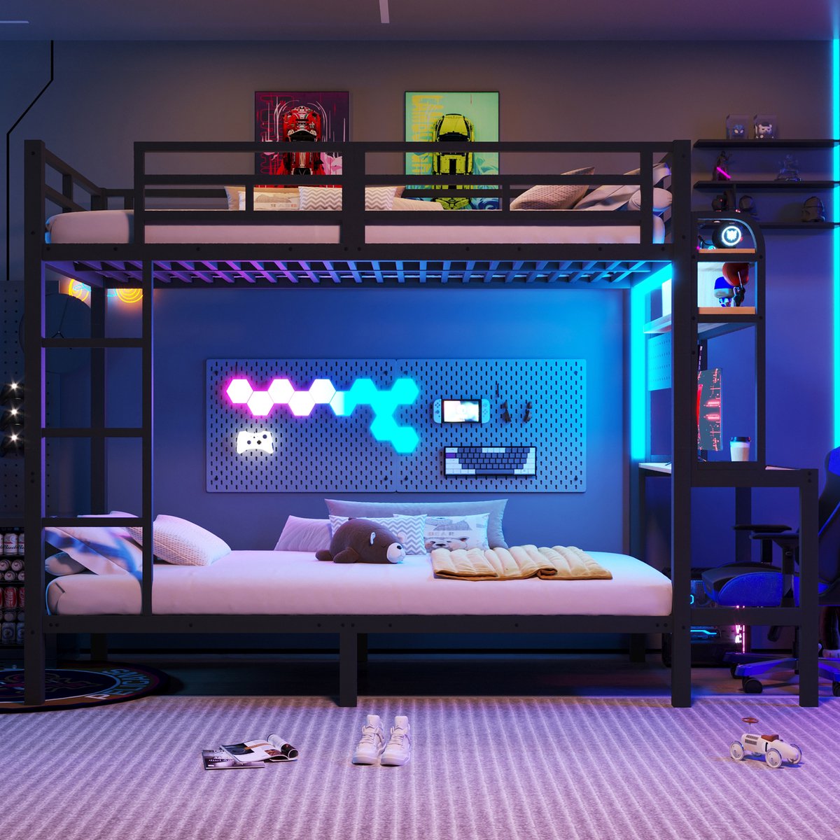 VVBV Stapelbed 90x200 – Metalen Stapelbed met Lades, Legplanken, Bureau, Ladder, Uitvalbeveiliging, LED-Verlichting en USB – Zonder Matras – Zwart