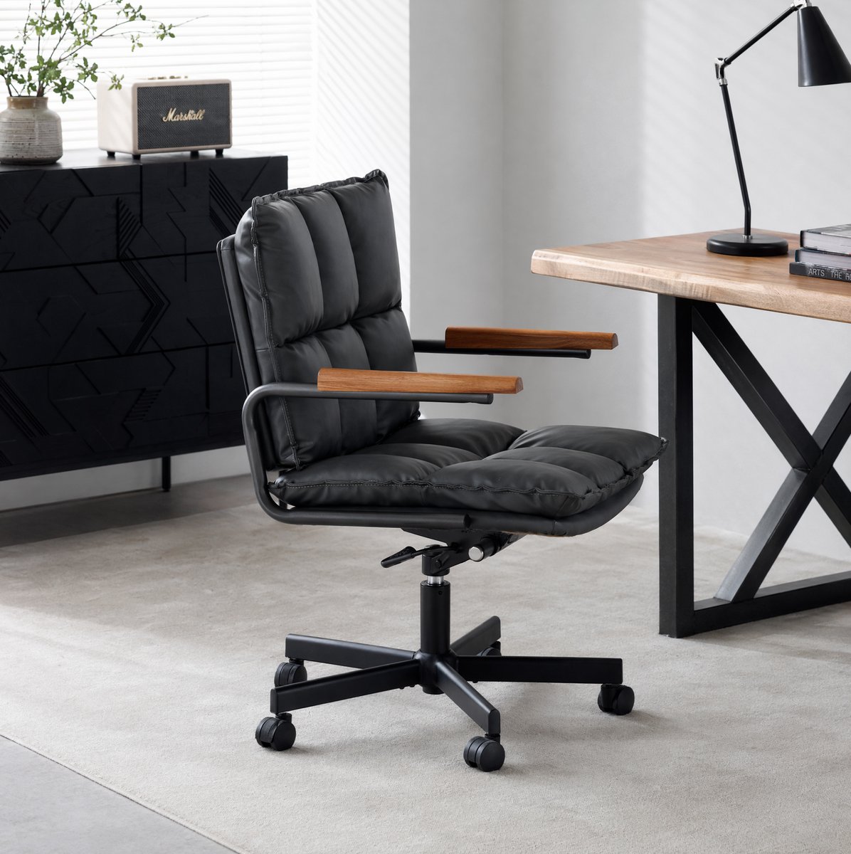 DESMIU Bureaustoel - Zwart Kunstleer - Ergonomische Draaistoel Met Wielen En Vaste Armleuningen - Voor Thuiswerk En Kantoor - Metaal