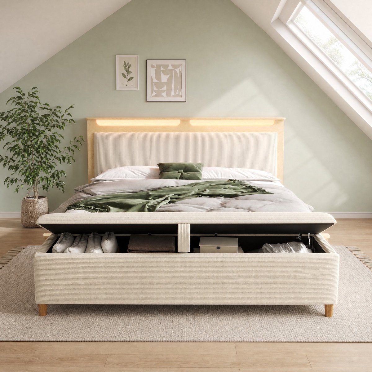 REDOM - Bed - Hoofdbord met LED-verlichting en opbergruimte - Bedbank met opbergruimte - Stoffen bekleding - Slaapkamer - Hout - Beige - 160 x 200 cm