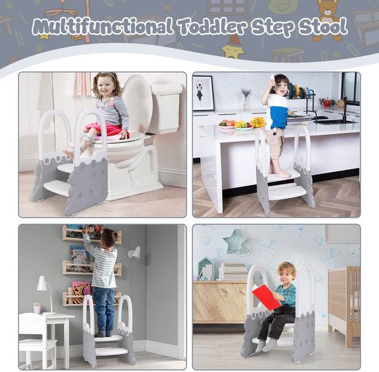 Kinderopstapje - met armleuningen - antislip - stevige constructie - keukenhulp/toilethulp - geschikt voor zindelijkheidstraining, badkamer en wastafel 41,6 x 41,1 cm. — afbeelding 4