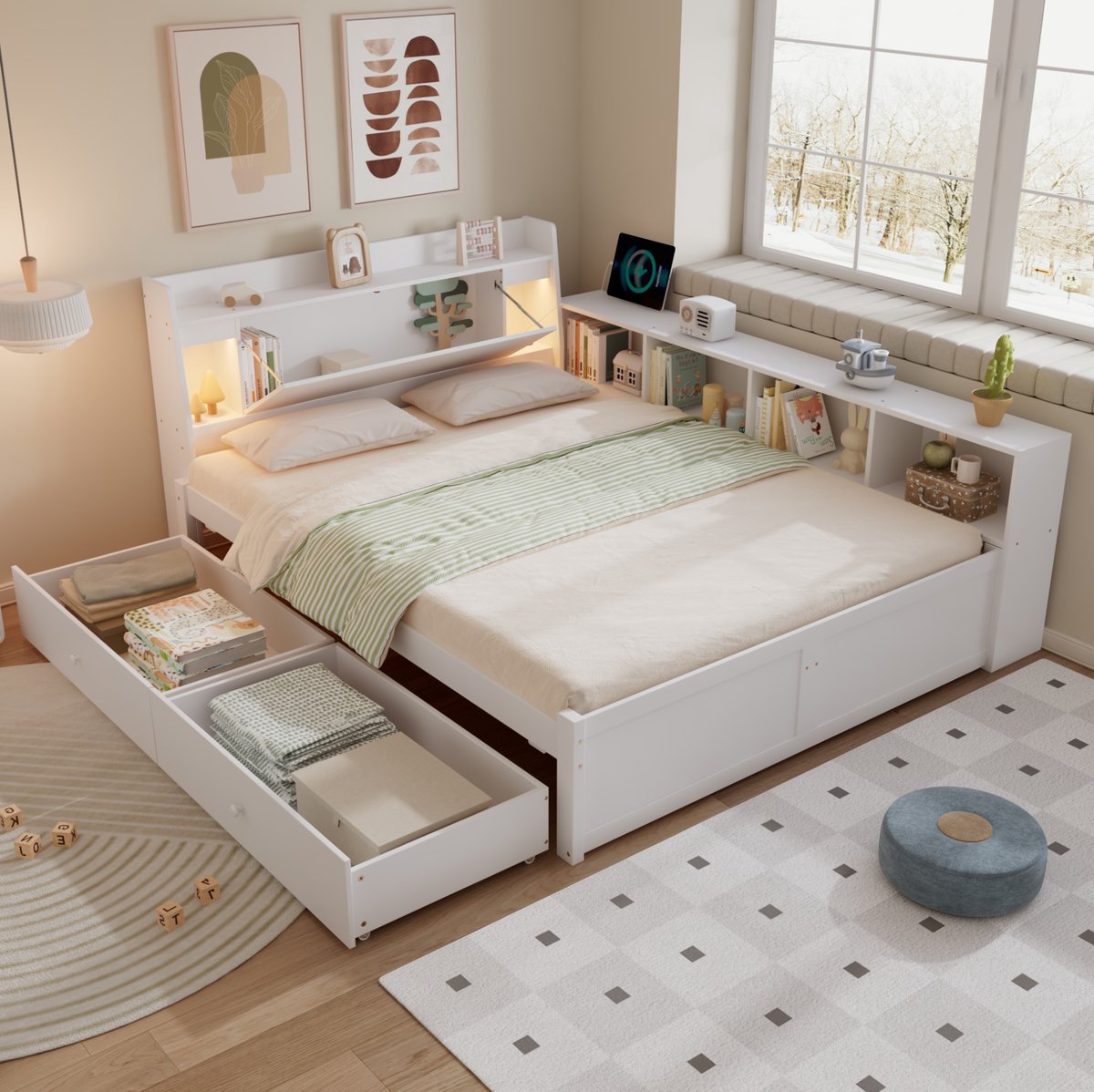 REDOM - Dubbel bed - Hoofdbord met opbergruimte en 2 lampen - Met laadpoort - Met opbergruimte en lades - Houten - Slaapkamer - Wit - 140 x 200 cm