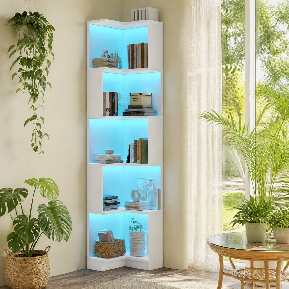 REDOM- Boekenkast - L-vormig hoekdesign - 5 niveaus open opbergruimte - App-bedienbare LED-verlichting - Moderne stijl - Woonkamer of bureau - MDF - Wit - 63,5 x 45 x 175 cm