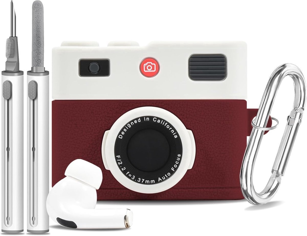 Apple AirPods Pro 2 Hoesje 2022/2023 - Zachte Siliconen Oplaadhoes met Reinigingsset - Schattig 3D Camera Design - Voor Dames & Heren - Rood