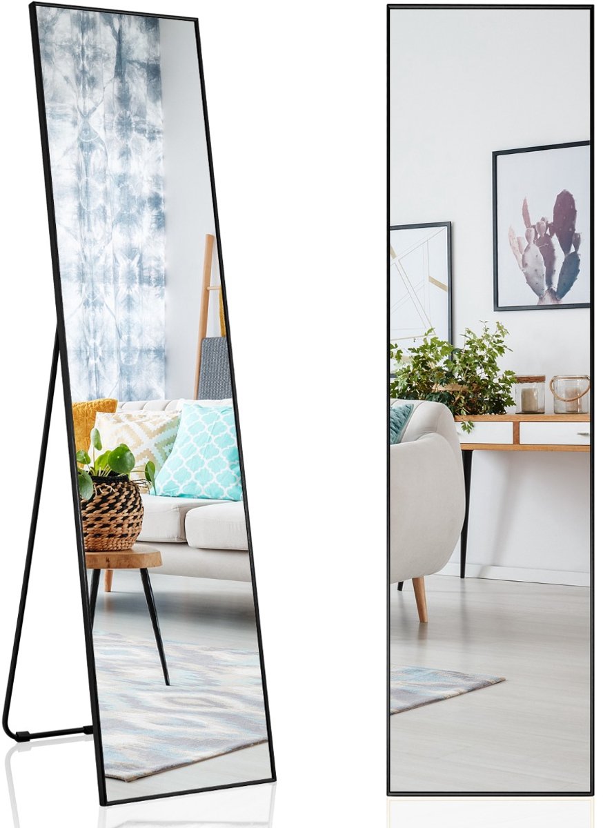 SureDeal® - Staande Spiegel - Volledige Lengte Rechthoekige - Breukvast Glas - Aluminium Legering Zwart - Goud - Zilver - 160x40x2 cm - Zwart
