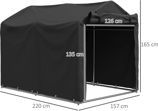 Zwarte tentgarage met afmetingen 220x157x165 cm. Metalen frame en open voorkant.