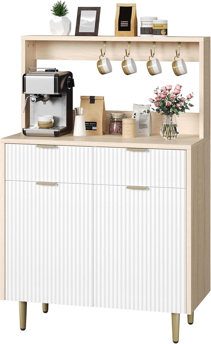 Modern Dressoir met Geribbeld Design - Buffetkast met 2 Laden en Deuren - Soft-Close Scharnieren - Verstelbare Planken - Scandinavische Stijl - Naturel Hout