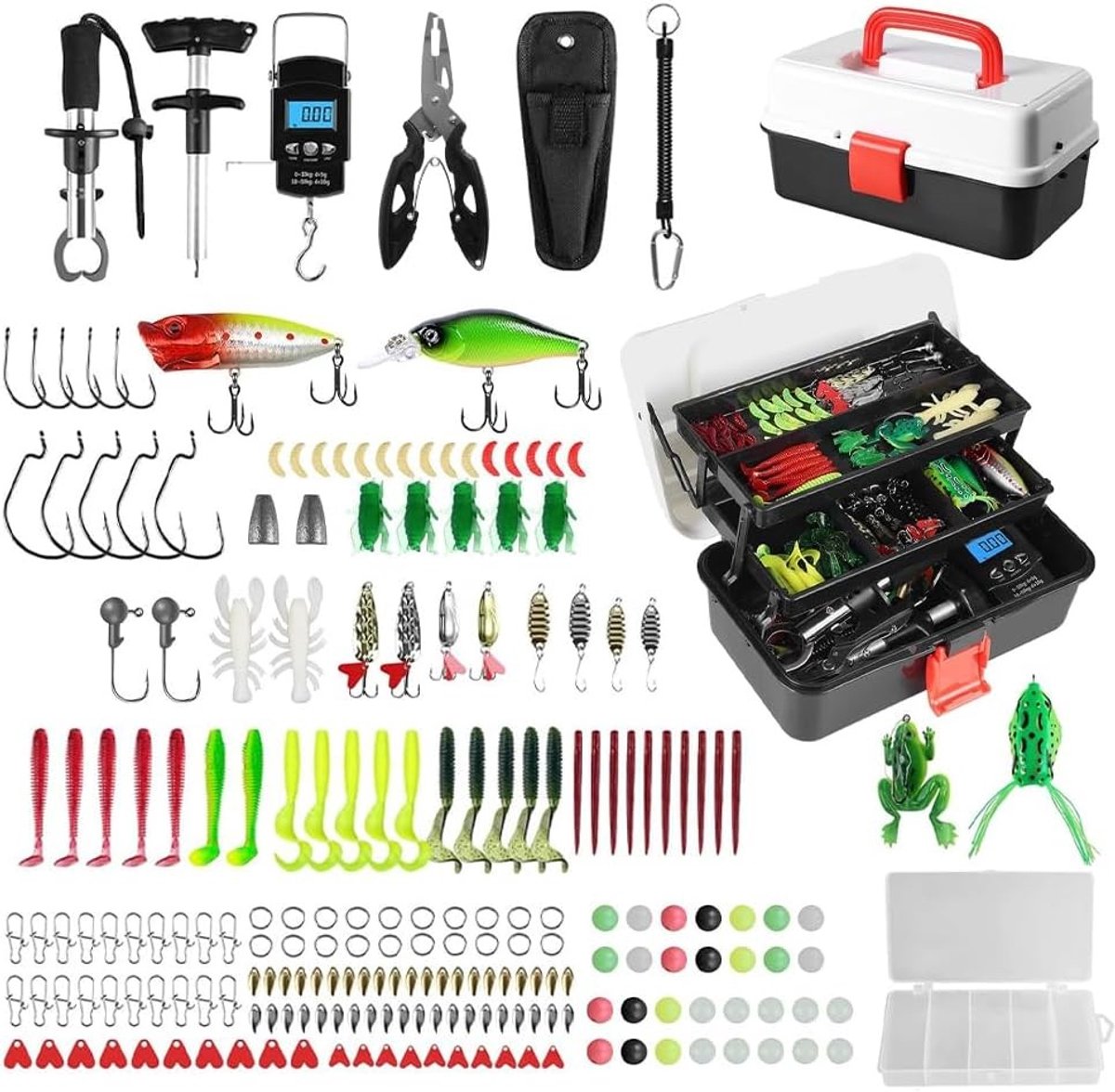 Drie-laags visdoos met 213 stuks aas, visaccessoires en gereedschapset voor beginners, volwassenen en kinderen, inclusief lipclips en haakverwijderaar