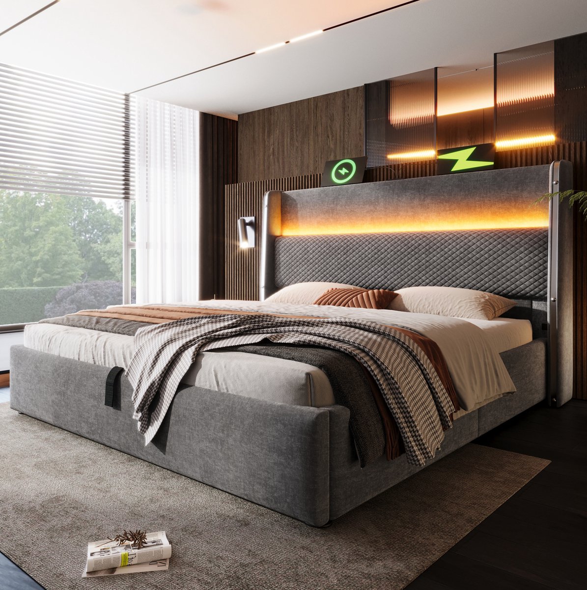 REDOM - Bed - Hoog hoofdeinde met LED-verlichting - Hydraulische opbergruimte - Met USB- en Type-C-laadstation - Modern - Slaapkamer - Stof en metaal - Grijs - 221 x 193 x 121 cm