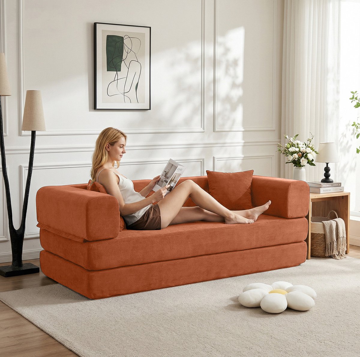 REDOM - Slaapbank - Omvormbaar en opvouwbaar - Met cilindervormig kussen - Corduroy - Woonkamer en slaapkamer - Stof - Oranje - 200 x 100 x 70 cm