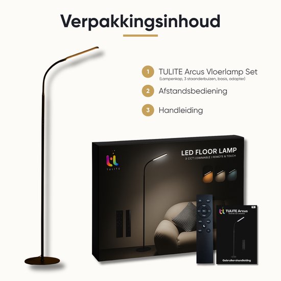 Inhoud van de verpakking van de TULITE Arcus vloerlamp: lamp, afstandsbediening en handleiding.