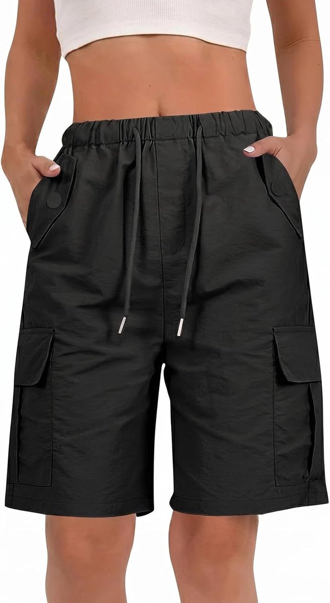 Dames cargo shorts tot de knie, met elastische tailleband en trekkoord, ideaal voor casual zomeroutfits, outdooractiviteiten en reizen met veel zakken