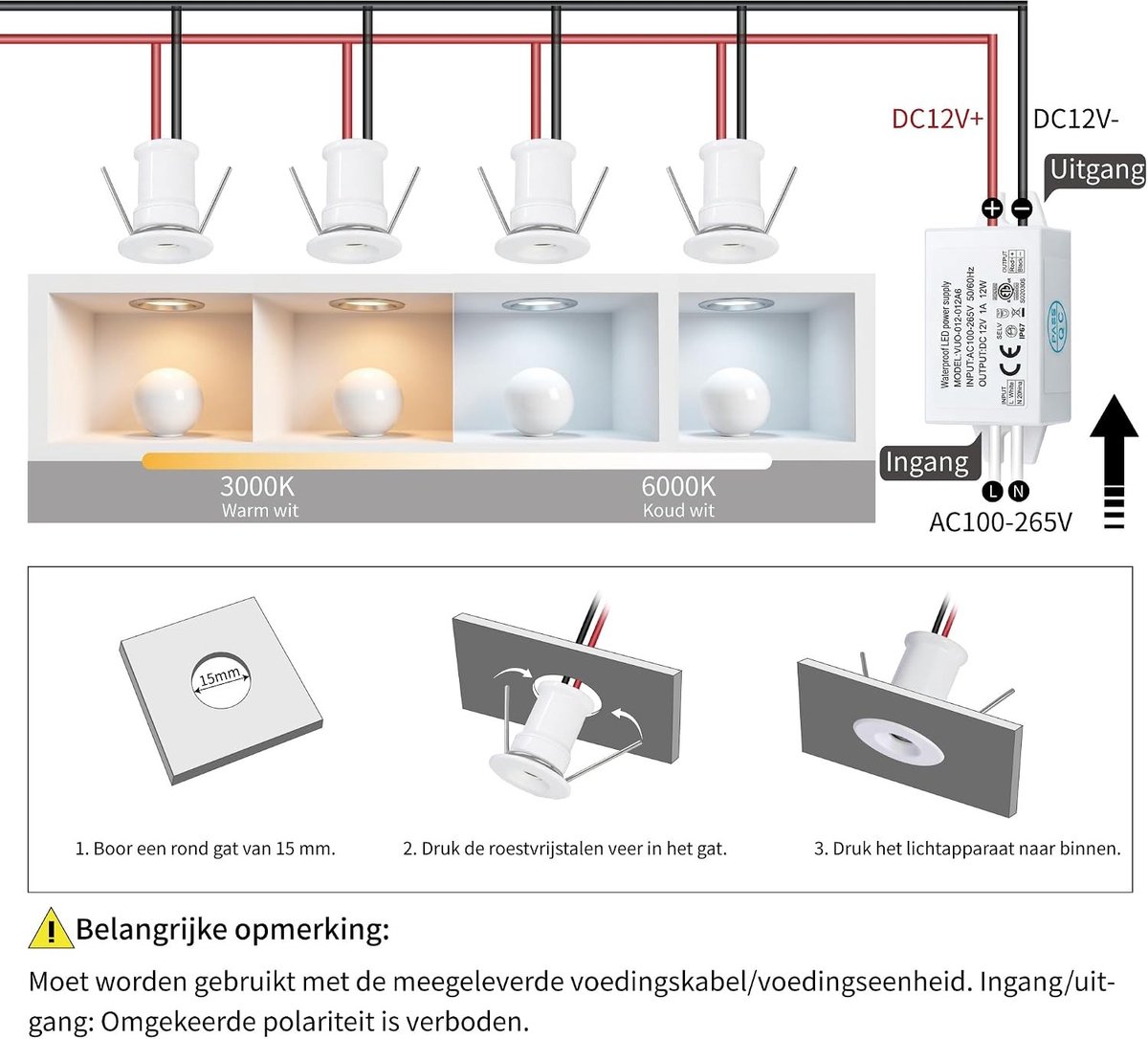 Mini LED Inbouwspot - Wit Warm Wit - 15 mm - Waterbestendig IP65 - Voor Kasten en Badkamers