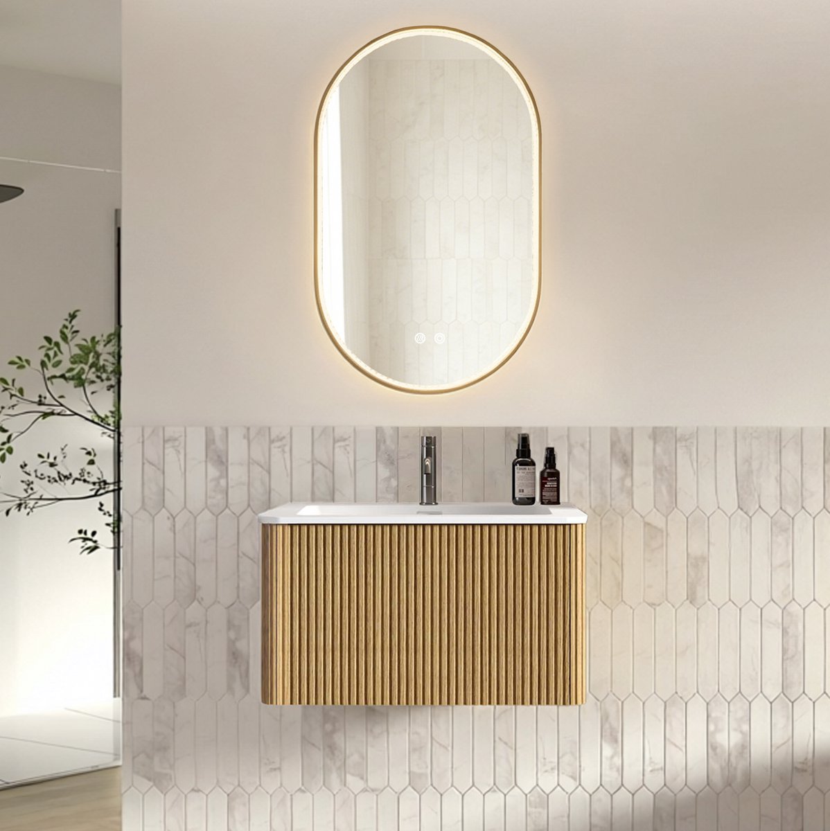 OKWISH Badkamermeubelset - Wandhangende Wastafel Met Onderkast En Ovale LED-Spiegel - Voorgemonteerd Voor Kleine Badkamers - Eikenkleur - 80 cm