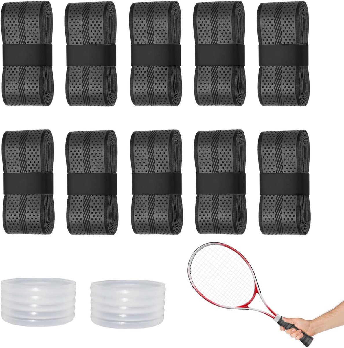 Gripbanden voor tennisracket - 12 stuks antislip banden met bevestigingsringen en plakstrips, absorberend en dempend voor badminton, squash, padel en pickleball - 110 cm zwart