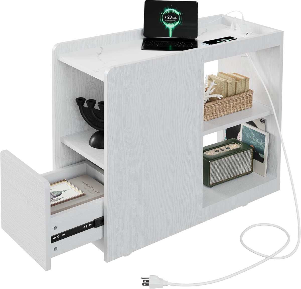 Smal Nachtkastje met Oplaadstation - Bijzettafel op Wieltjes - 2 Stopcontacten, USB & USB-C - Met Lade en Verstelbare Plank - Eiken Look - 70 x 30 x 62.5 cm