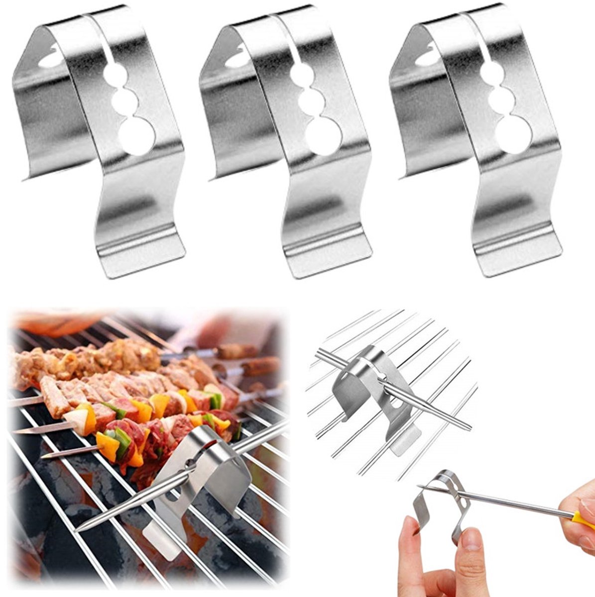 3 stks Grill Vlees Thermometer Probe Clip Roestvrij Staal Thermometer Houder Probe Clips - roestvrij staal - met 3 bevestigingsgaten - geschikt voor BBQ-thermometers - zilver