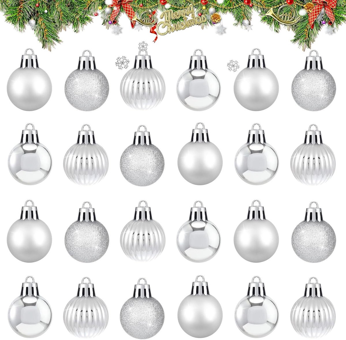 Set van 24 zilveren kerstballen van 3 cm, mini kerstversiering met ophangoog, matte en glinsterende decoratie voor kerstboom, binnen en buiten gebruik