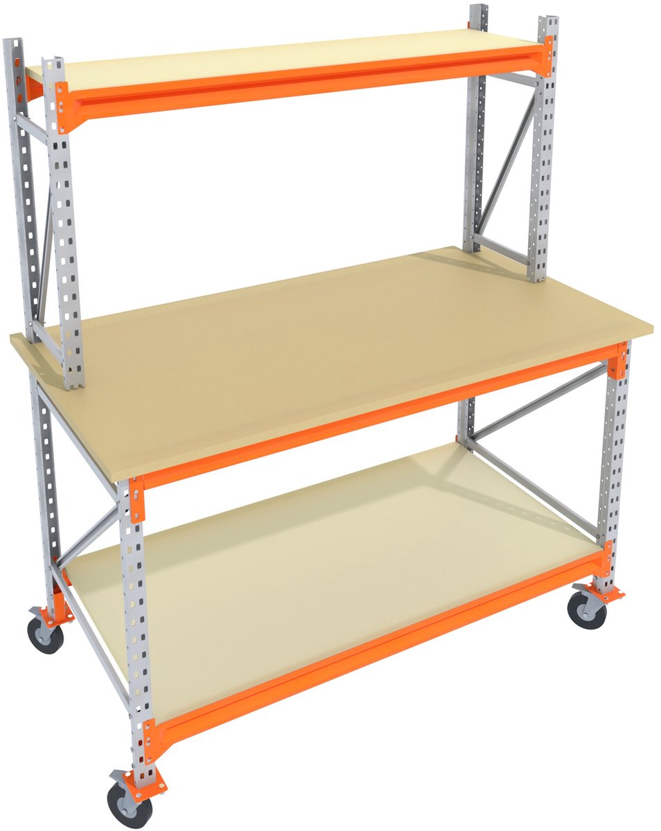 Werkbank of Inpaktafel op wielen GALVA 150cmx105cm - 2 niveaus (multiplex, 1 opbouw, zwarte wielen)