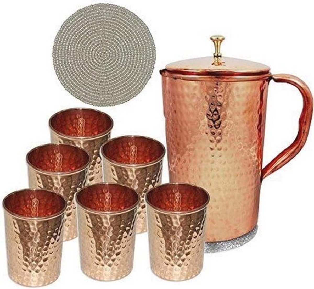 Koper Kruik met 6 Tumbler-glazen set voor Ayurvedische genezing – 1,6 liter