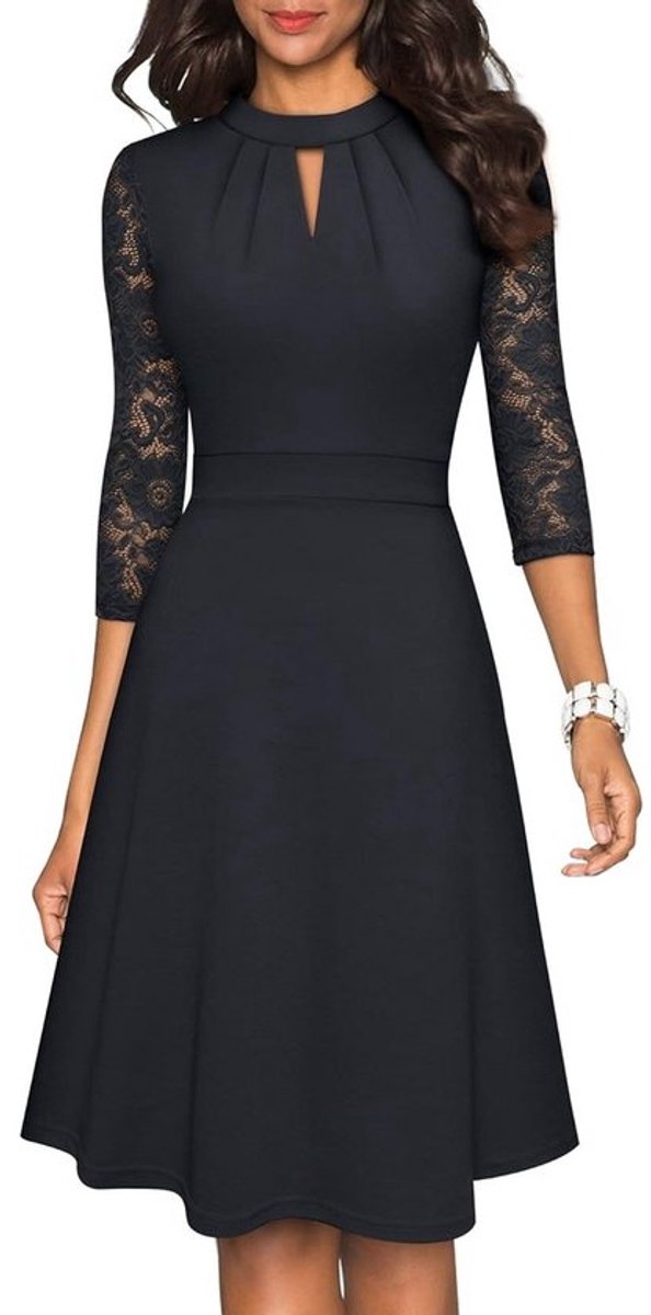 Elegante Dames Cocktailjurk met Kant en Plooien voor Feestjes en Gelegenheden