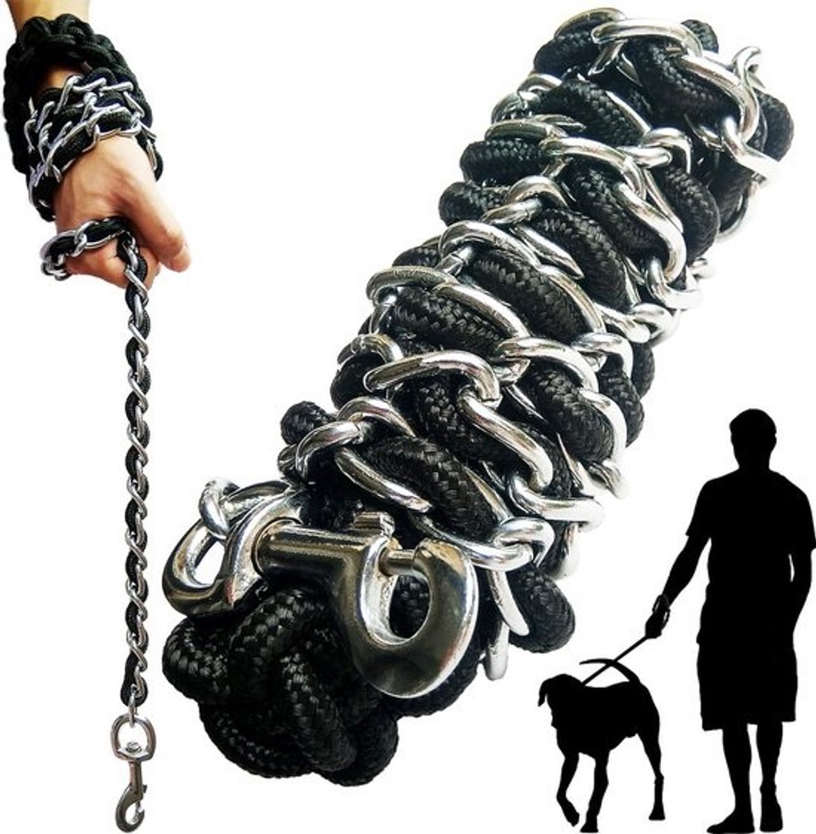 Sterke Hondenriem Set met Halsband - Metalen Ketting en Nylon Touw voor Middelgrote tot Grote Honden - Anti-Bijt & 360° Draaibare Haak