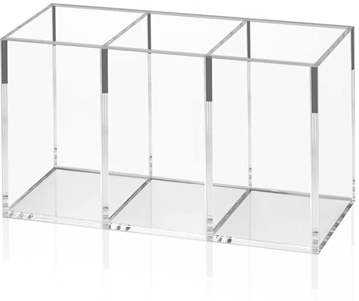 Acryl Penhouder - Transparant met 3 Vakken - Voor Bureau en Werkblad