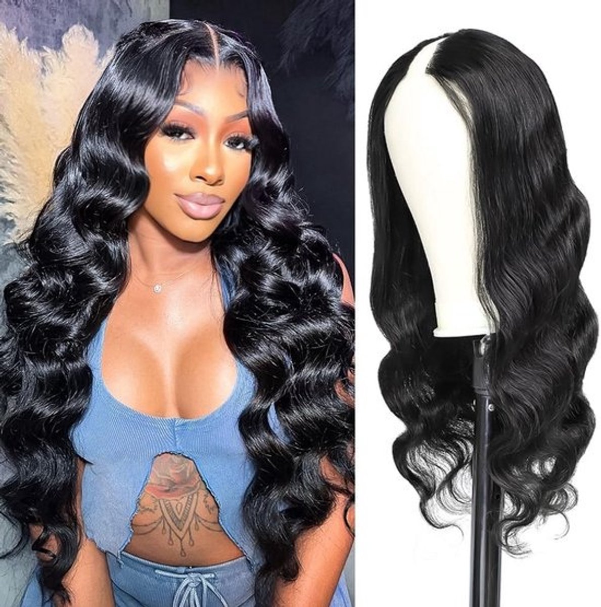 Body Wave V Deel Halve Pruik Clip-In Menselijk Haar 26 Inch Glueless