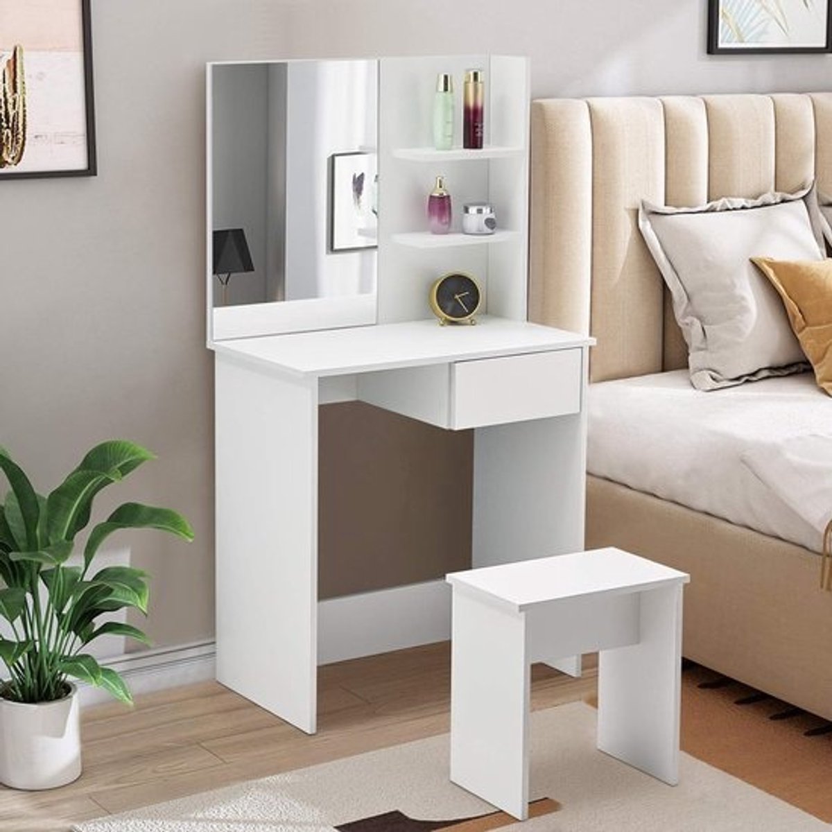 Moderne make-uptafel met spiegel en kruk - Witte cosmeticatafel met lade