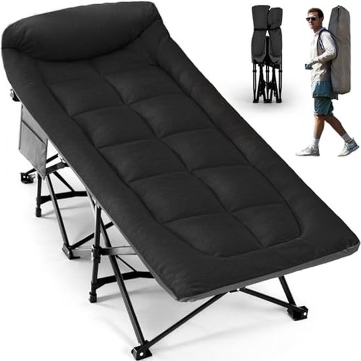 Campingbed XL - Opklapbed tot 250 kg - Antislip Eenpersoonsbed met Kussen en Draagtas voor Kamperen en Reizen - Zwart
