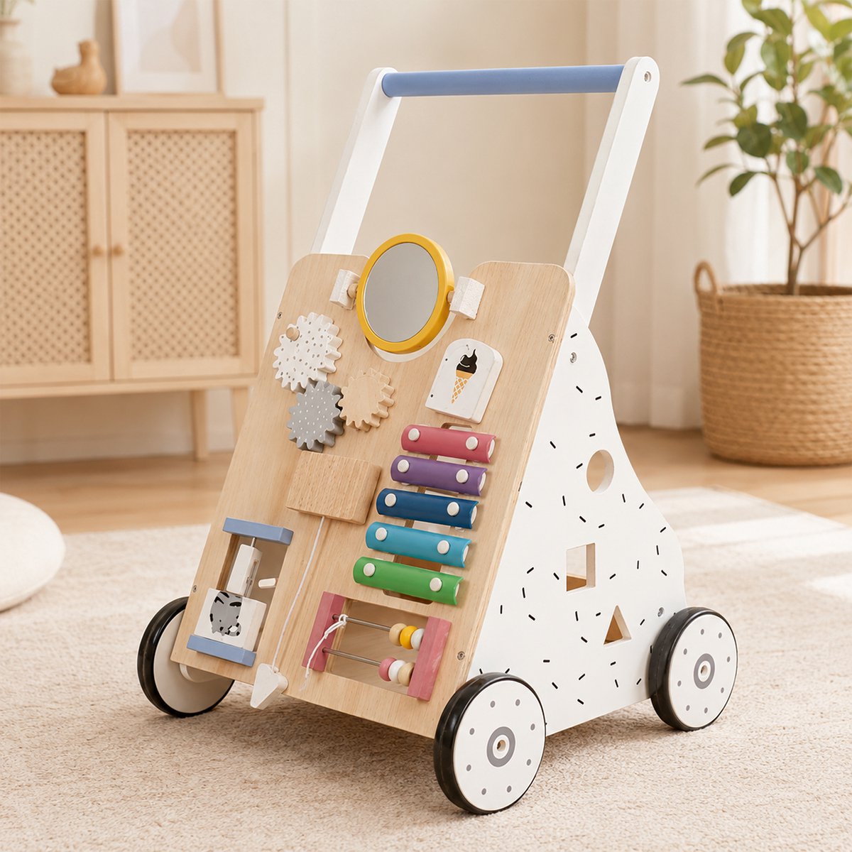 Maxx kidz - Loopwagen Hout - 'Baby Walker' - Activiteiten Duwwagen - Leren Lopen - Veel Speelopties - Wit / Hout