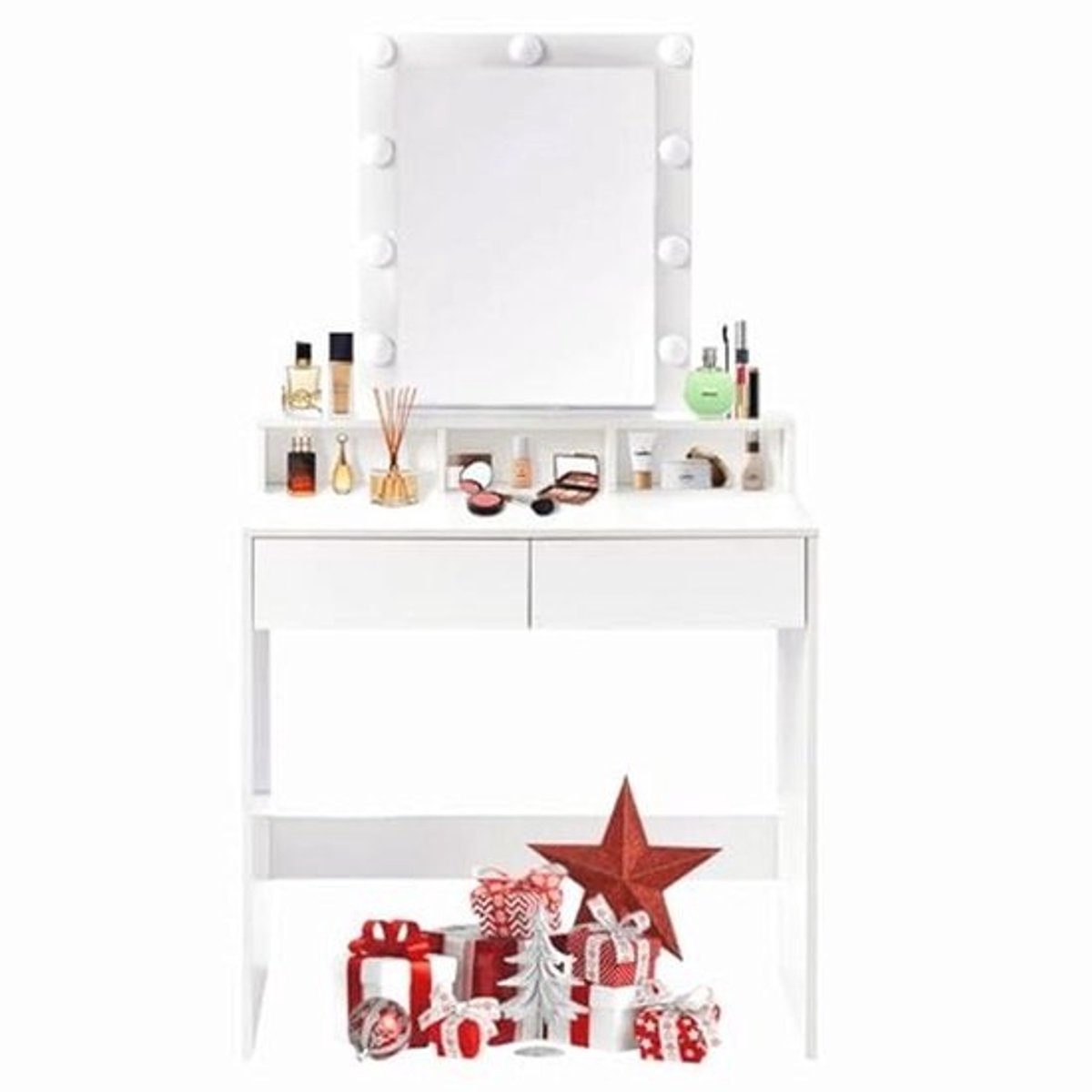Make-up tafel met Spiegel en LED Verlichting, Verstelbare Helderheid, Cosmeticatafel met 3 Open Compartimenten en 2 Lades, 85 x 40 x 142 cm, Wit