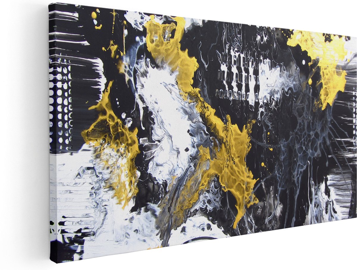 Artaza Canvas Schilderij Abstracte Kunst met Zwart, Wit en Goud - 180x90 cm - Groot - Wanddecoratie Woonkamer - Schilderijen - Muurdecoratie