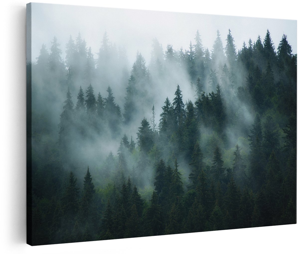 Artaza Canvas Schilderij Bos Met Bomen In De Mist - 180x120 cm - Groot - Wanddecoratie Woonkamer - Schilderijen - Muurdecoratie