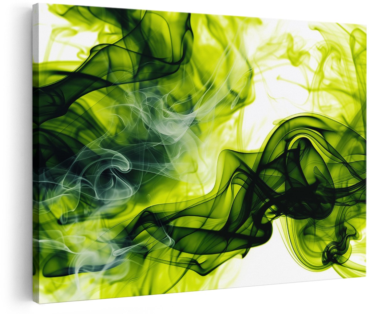 Artaza Canvas Schilderij Groene en Zwarte Rook op een Witte Achtergrond - 180x120 cm - Groot - Wanddecoratie Woonkamer - Schilderijen - Muurdecoratie